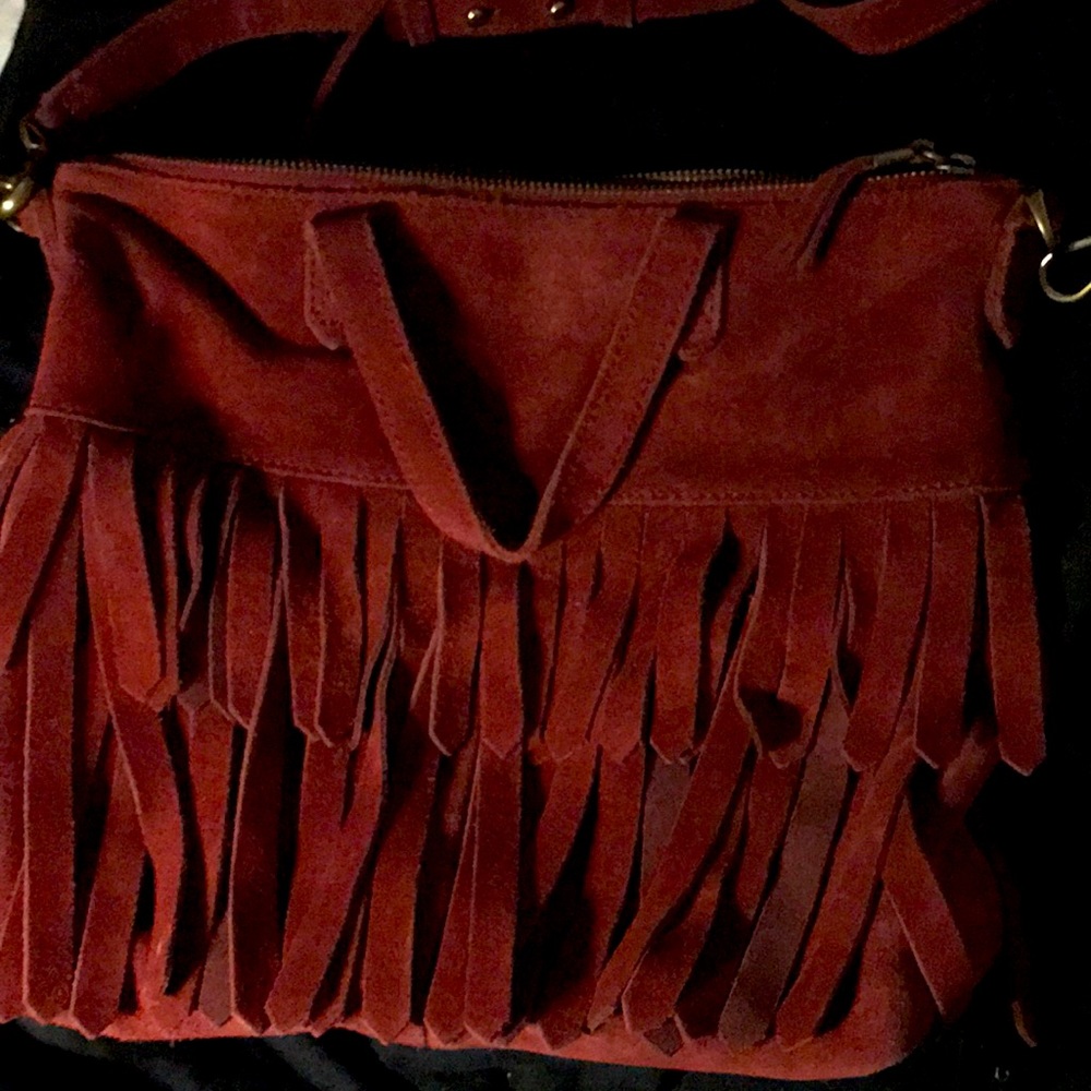 HOLD—Madewell gorgeous deep red fringed suede bag.